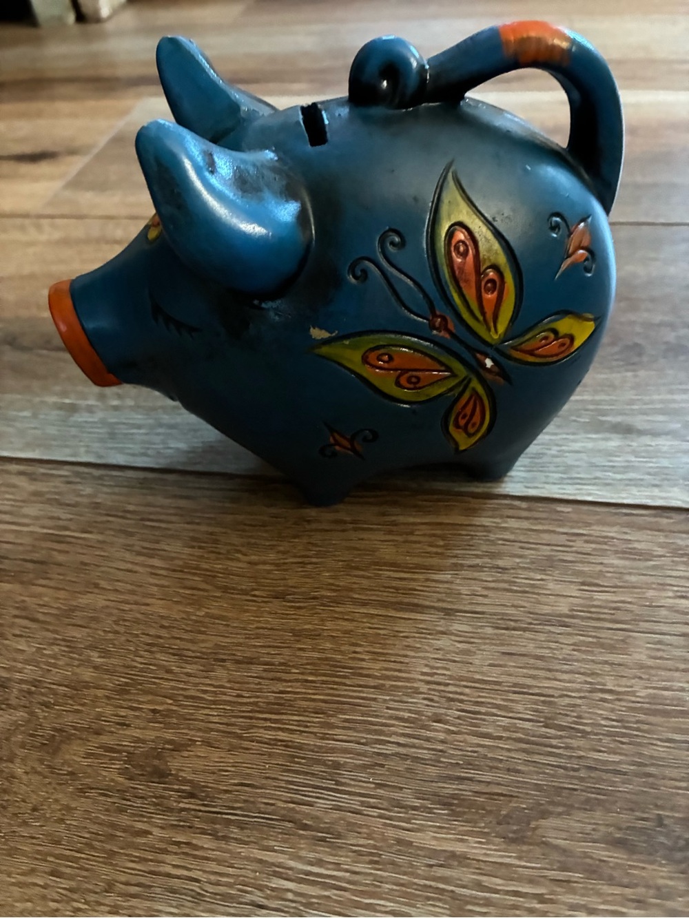 Vintage 1960s Blue Ceramic Hippie Boho Piggy Bank w/ Butterflies & Flowers